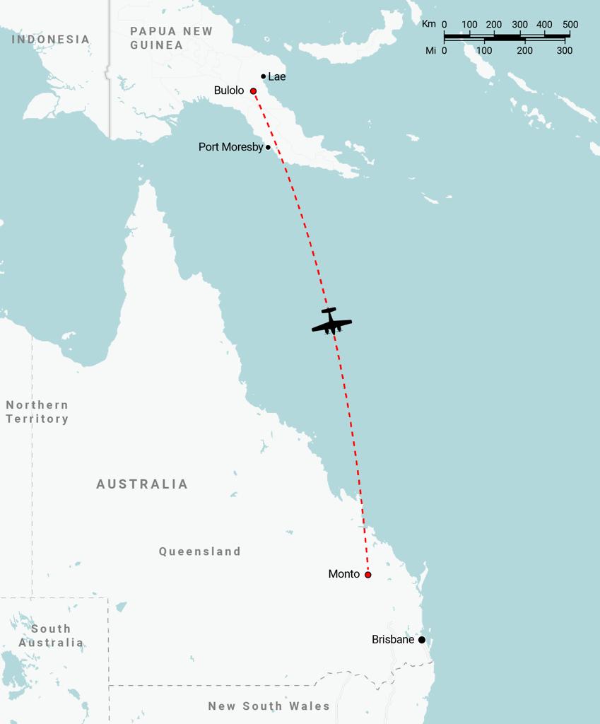 The route the "black flight" took from Papua New Guinea to Australia
on March 21, 2023. [[ Image supplied by Edin Pašović]]