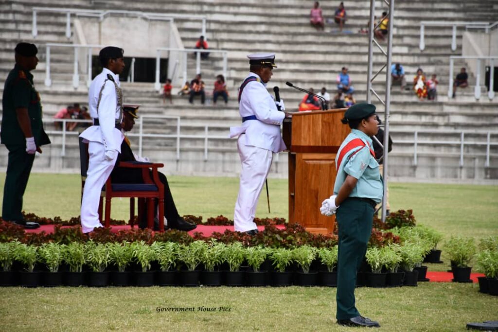 
Governor General, Grand Chief Sir Bob Dadae, giving his address at the Independence Day flag lowering ceremony at Sir Hubert Murray Stadium, Port Moresby.