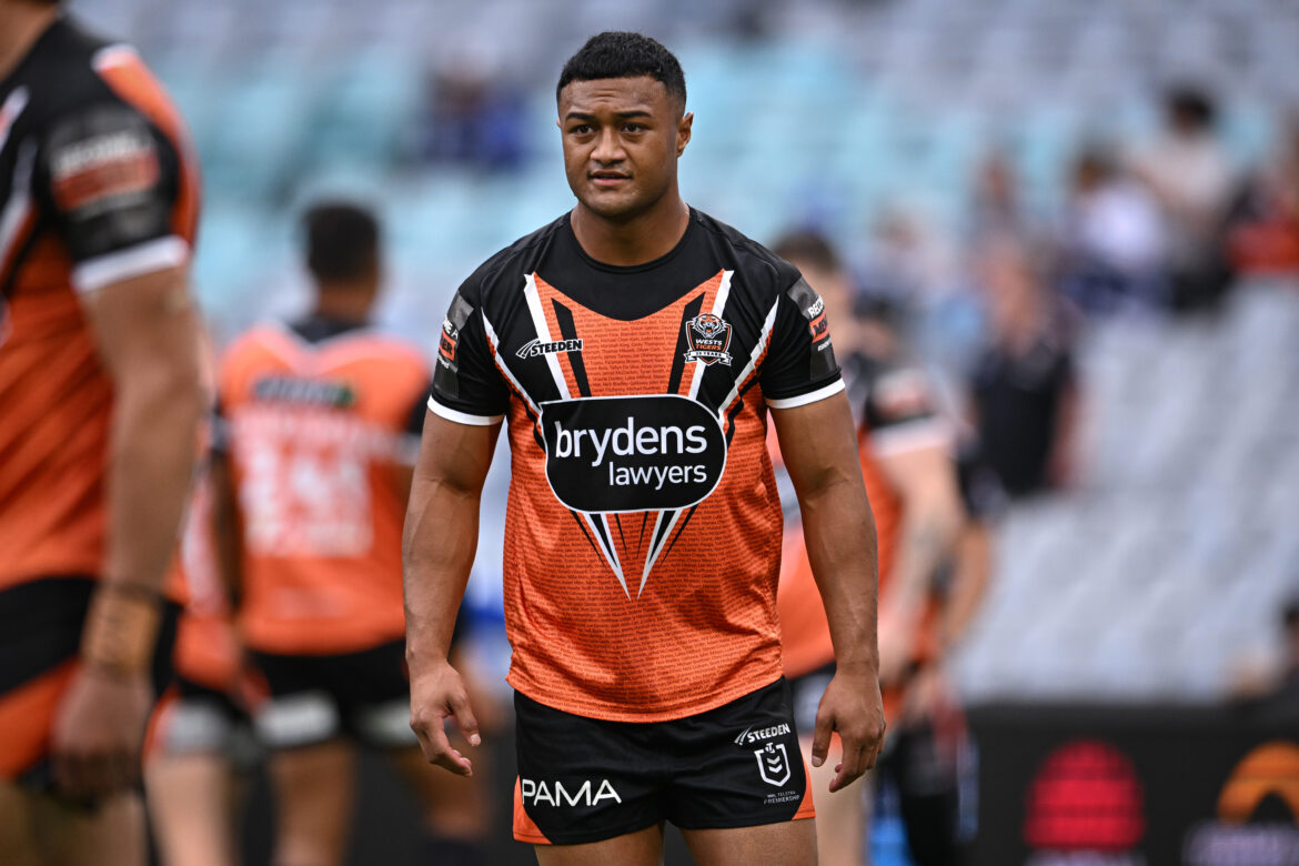 Latu Fainu of the Tigers before the NRL Round 9 match between the Canterbury-Bankstown Bulldogs and the Wests Tigers at Accor Stadium in Sydney