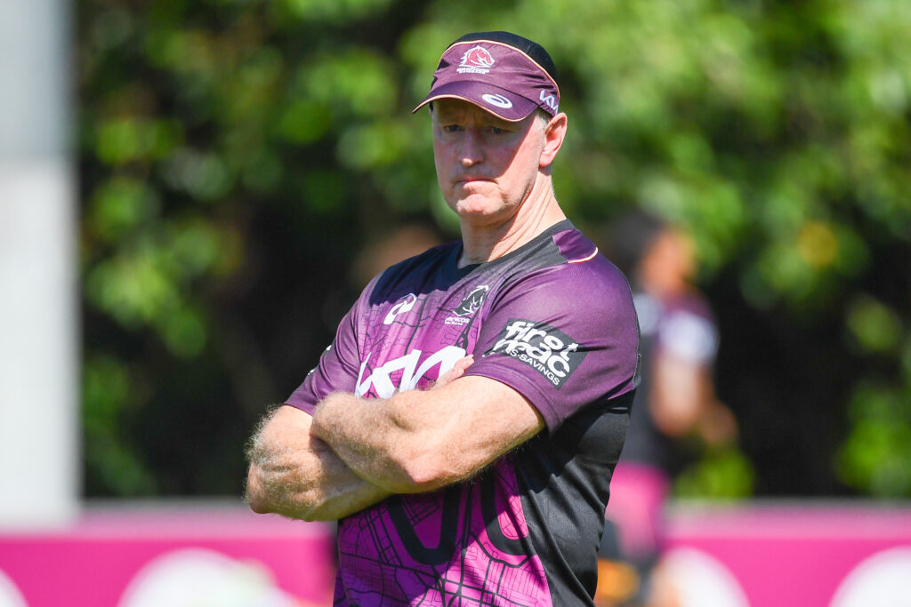 New Brisbane Broncos coach Michael Maguire looks on during a Brisbane Broncos NRL training session at Gilbert Park in Brisbane