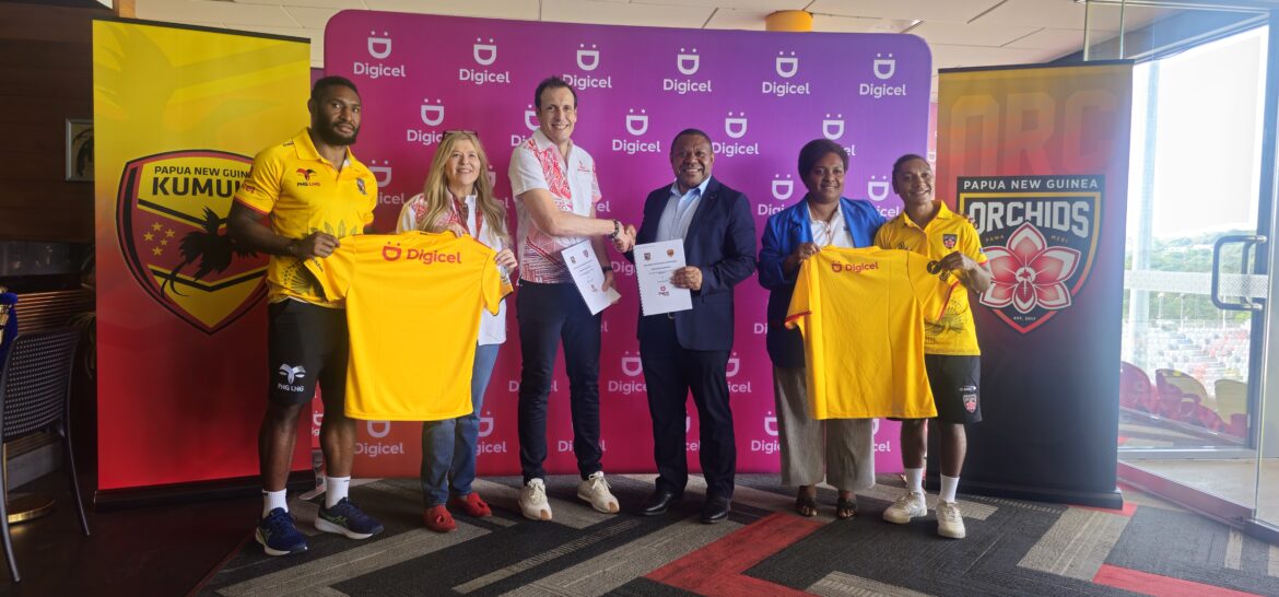 Group Photo- L-R Kumul Rep Robert Mathias, Digcel PNG Senior VP and Cheif Sales officer Lorna McPherson, Digicel CEO Tarik Boduiaf, PNGRFL CEO Stanley Hondina, Santos PNG Orchids Chair Celestine Ove