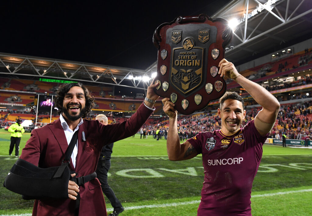Johnathan Thurston (left) and Billy Slater of the Queensland Maroons celebrate following State of Origin Game 3 between the Queensland Maroons and NSW Blues, at Suncorp Stadium in Brisbane, on Wednesday, July 12, 2017.