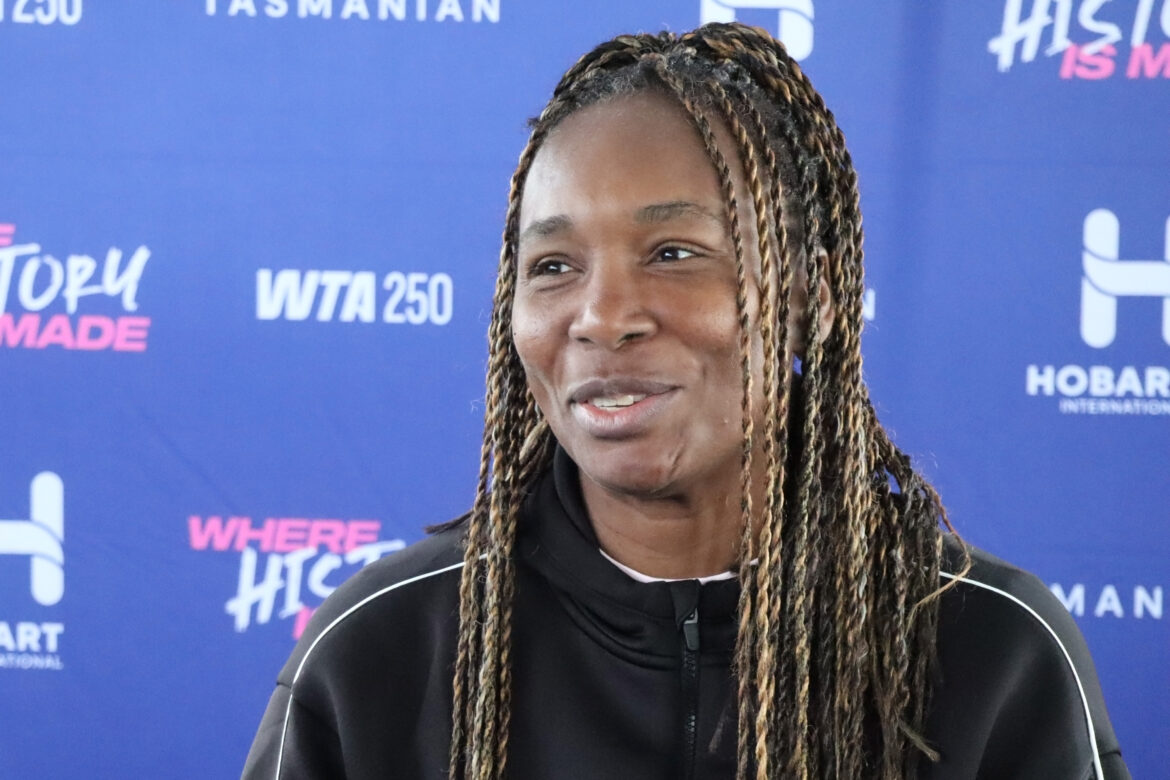 Hobart International and Australian Open wildcard, seven-time grand slam winner Venus Williams, speaks to media at the Domain Tennis Centre in Hobart on Sunday, January 11, 2026.