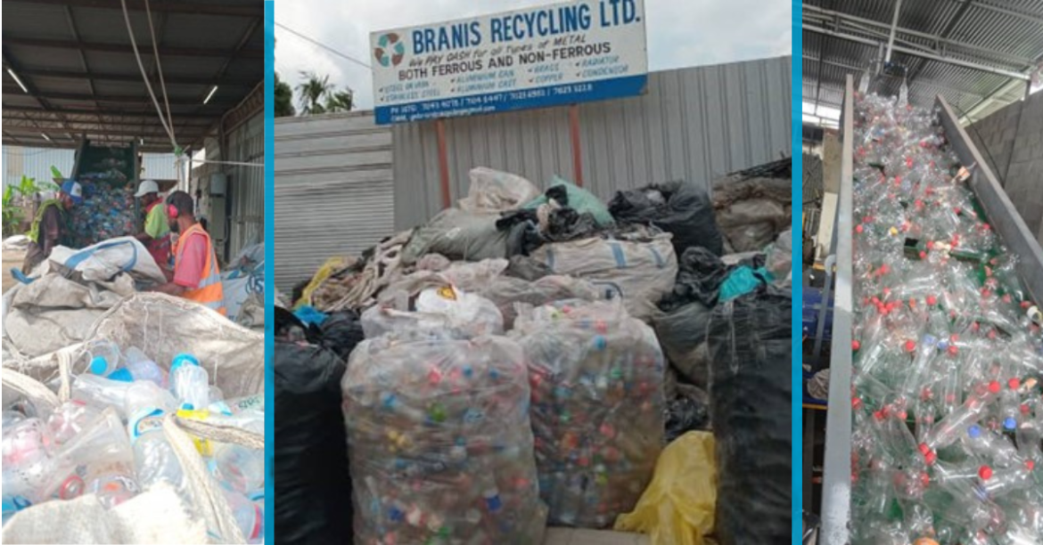 Piles of trash bags full of PET bottles