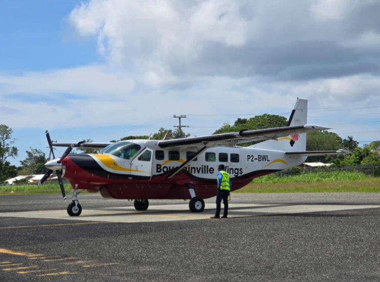ABG launches Bougainville Wings, region’s new flag carrier Small beech aircraft, white and maroon in color.