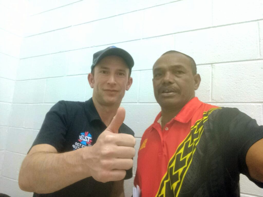From left: Toby Doyle, International Cricket Council (ICC) Master Educator from New Zealand, and Simon Deiwillie, participant representing the Alotau Cricket Association in Milne Bay Province, pause for a selfie during the training.