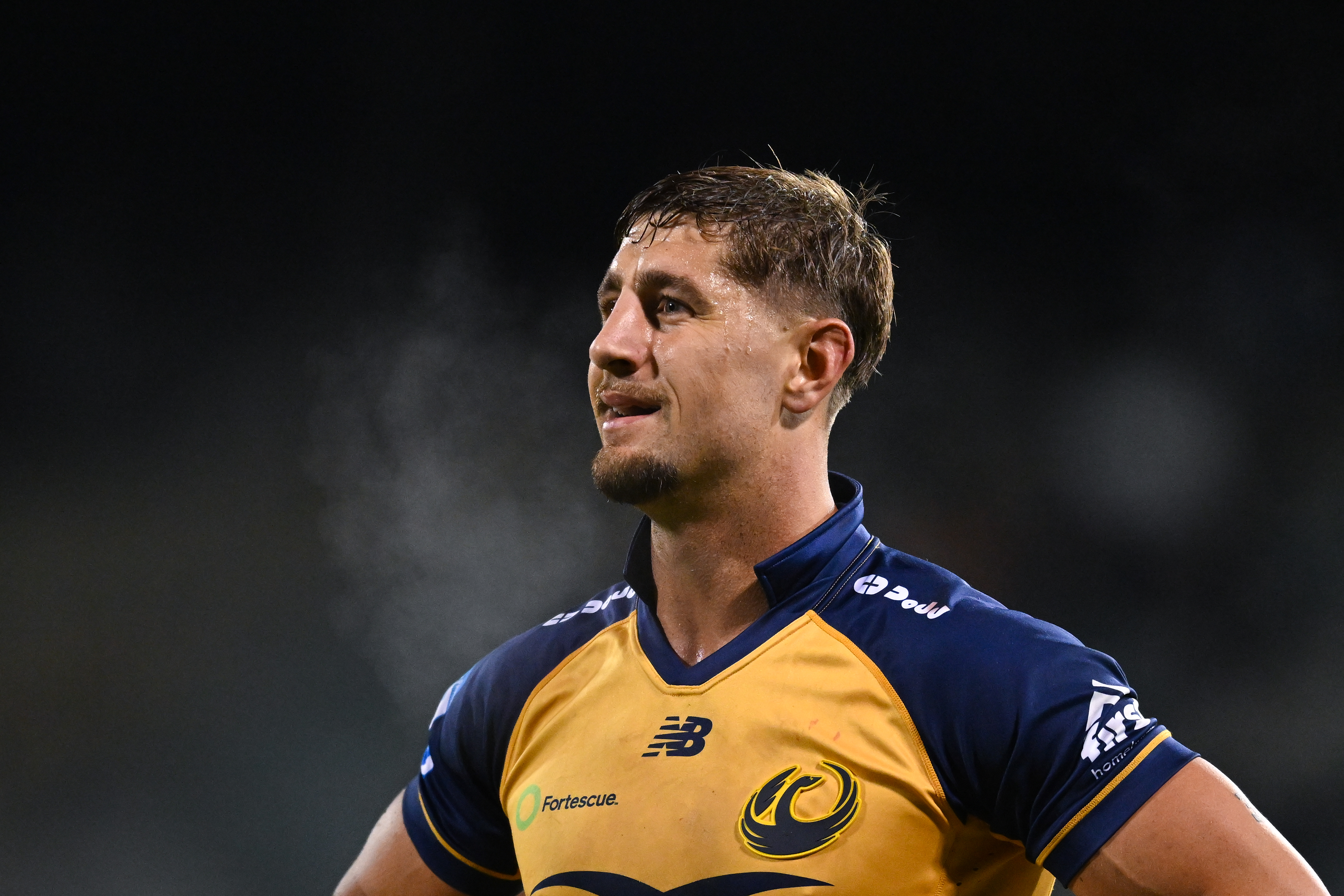 Caucasian man with brown hair wearing a yellow and navy blue rugby jersey.