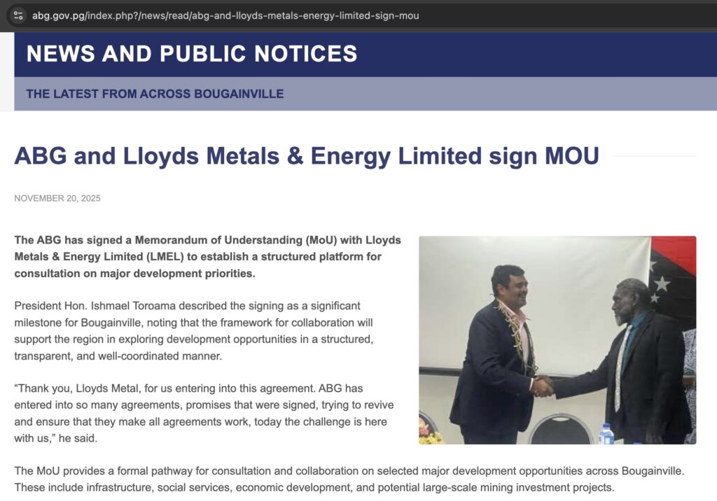 CAPTION: An announcement published on the Bougainville government’s website on November 20, 2025, shows Lloyds Managing Director Balasubramanian Prabhakaran (left) shaking hands with Bougainville President Ishmael Toroama (right) during the signing of an MoU that positioned Lloyds to acquire mining rights.